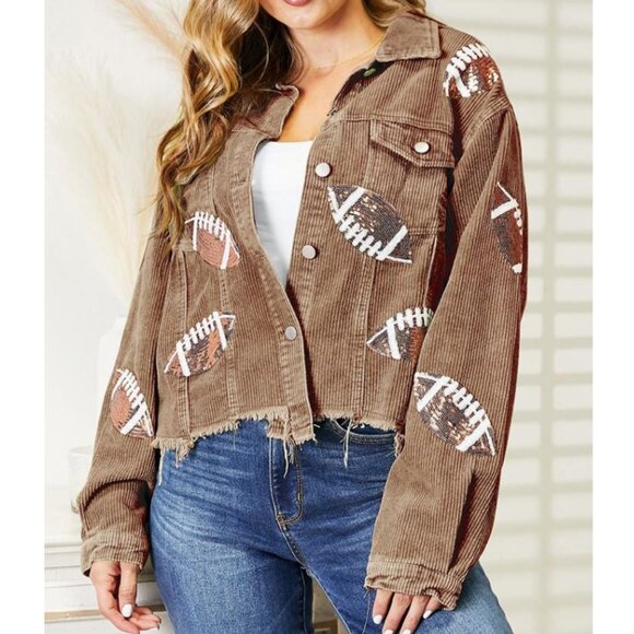 NEW Brown Football Sequin Embroidery Corduroy Jacket 2XL - Picture 1 of 10